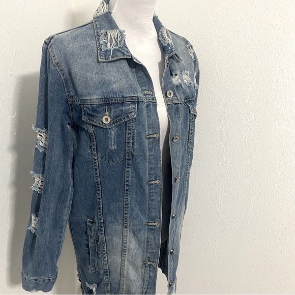 Cherry Koko Denim Jacket Ripped Long Distressed Light Wash 100% Cotton Small - Picture 1 of 16